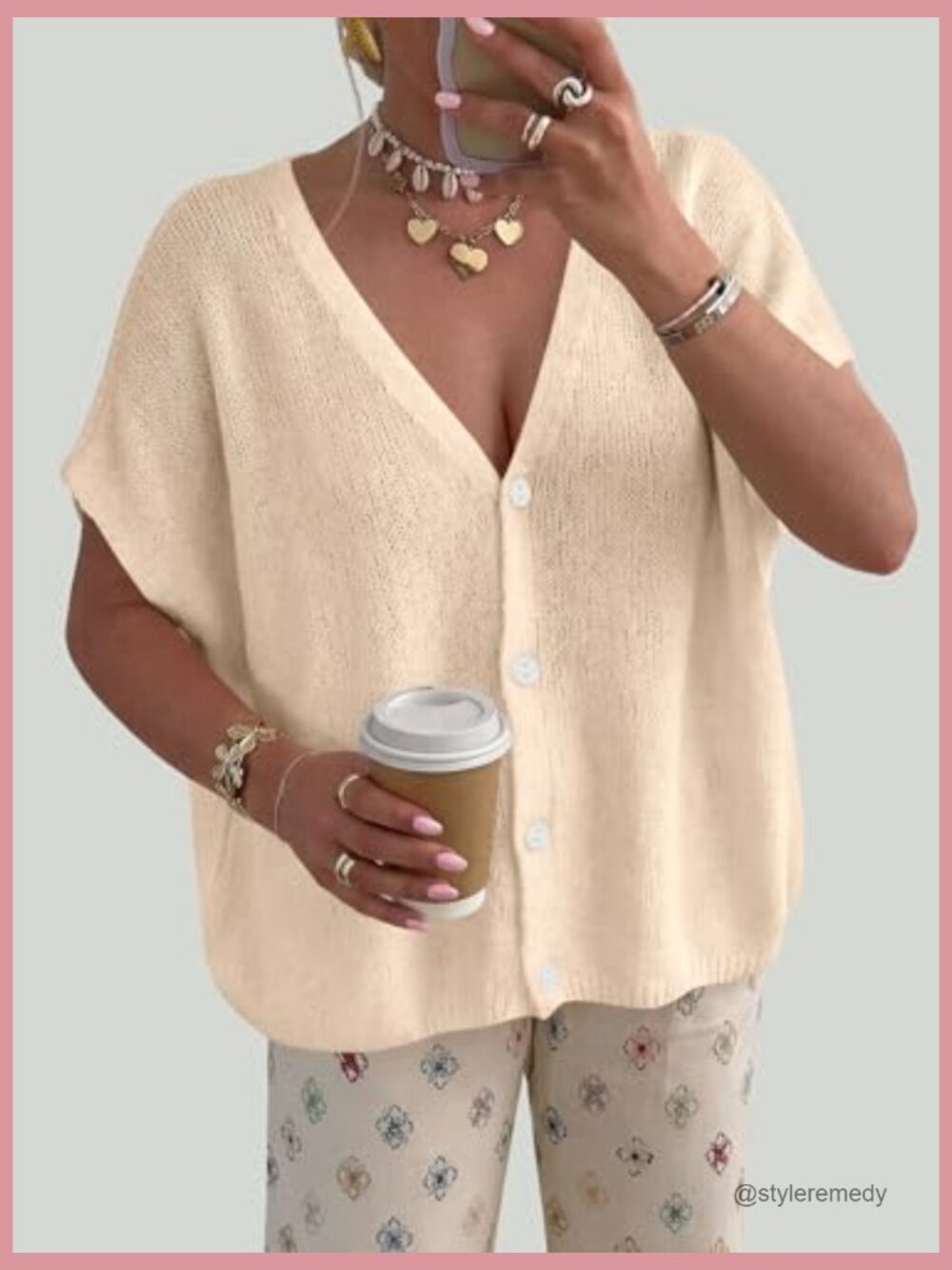 Oversized Cardigan - Batwing Short Sleeve Lightweight Button V Neck Casual Knit - Picture 4 of 7